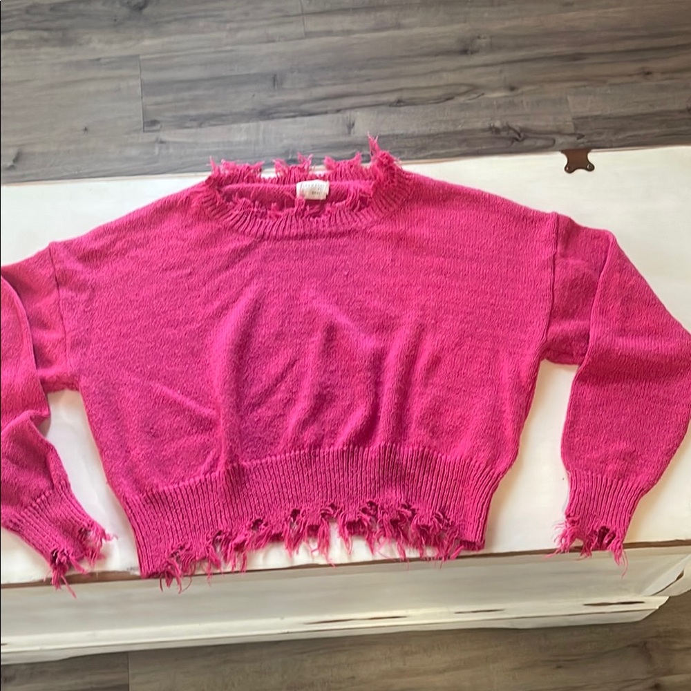 Debut Pink Crew Neck Sweater with Modern Distressed Hem